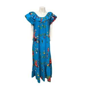 Vintage Hilo Hattie Hawaiian Maxi Ruffle Dress Blue Aloha Seashell Print Large -